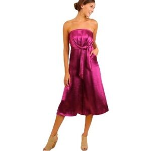 New Umgee Strapless Jumpsuit Pockets Wide Leg Sash Tie Empire Waist Pink Small